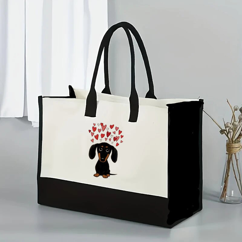 Bolso Tote estampado con estampado de patrón de cachorro de amor transfronterizo de color en contraste Bolso de hombro doble en blanco y negro de gran capacidad Texto de alta gama
