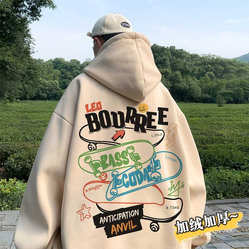 Graffiti hooded sweater men's autumn and winter fleece-lined thickened American retro 400g heavy fashion brand oversize coat