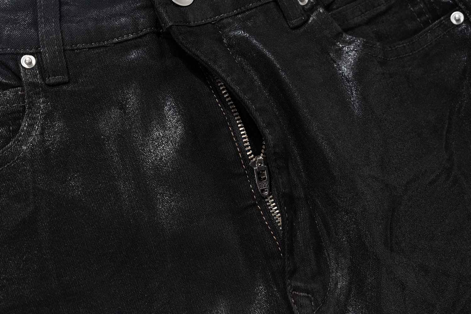 Jean évasé en similicuir enduit pour homme – Pantalon large délavé vintage (90 % coton, M-XXL, noir)_voghion.com