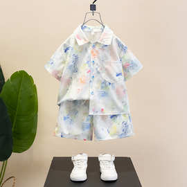 男童夏装2025新款痞帅韩版儿童短袖衬衫两件套装宝宝夏季炸街衣服