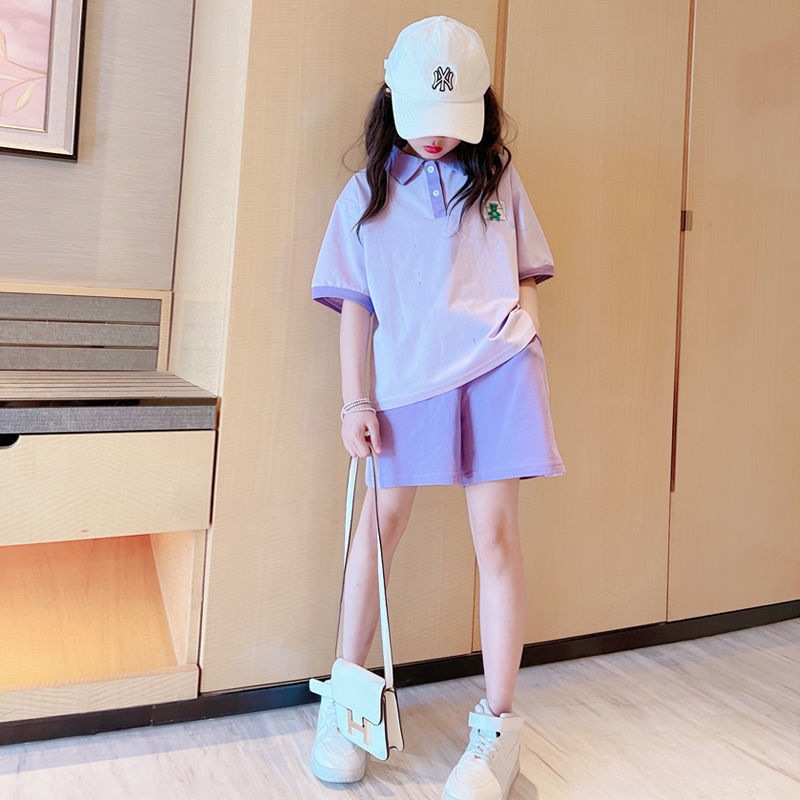 韓版網紅中大童POLO衫短袖套裝休閒運動學院風女童潮流洋氣兩件套