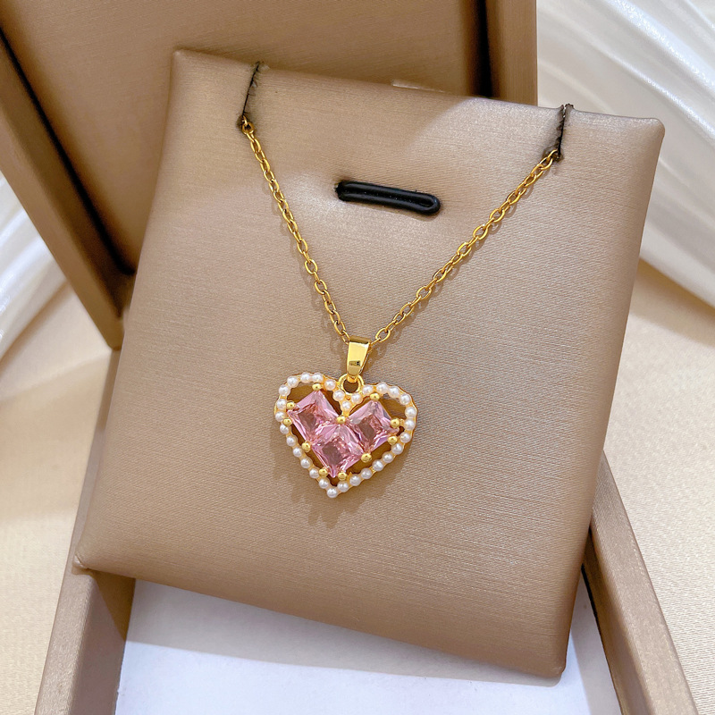 Wunderschöne Perlenherz Halskette Mit Diamanten Edelstahl Kette_voghion.com