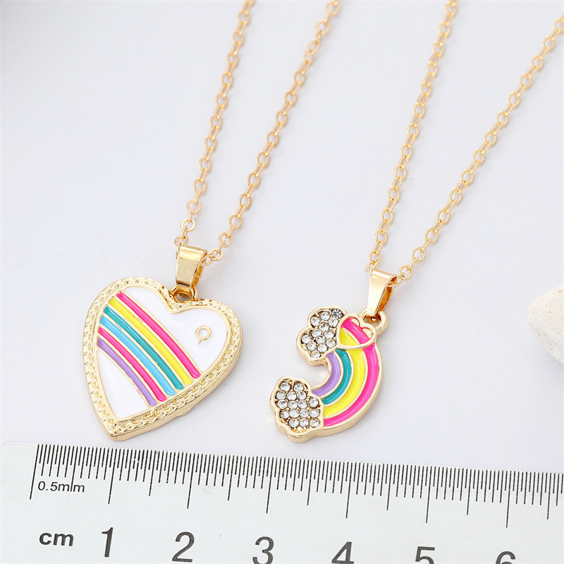 Korea Cute Rhinestone Rainbow Love Necklace Alloy Drop Oil Heart Pendant