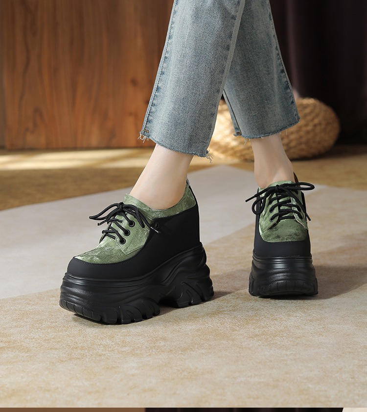 Giày cao gót nữ đế xuồng platform da thật phối màu phong cách Anh quốc, gót 14 cm — Xanh lá cây nhạtcolor chi tiết 2
