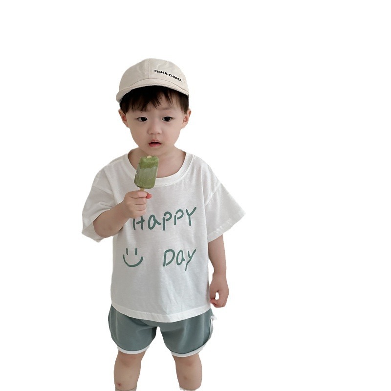 Traje de pantalones cortos de manga corta para niños, ropa de verano para niños, estilo delgado, ropa para niños coreanos, traje de sonrisa de letras de verano para bebés