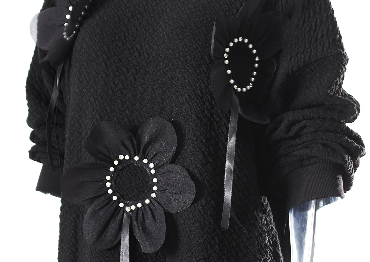 Mid Length Autumn Winter Solid Color Three Dimensional Floral Beaded Loose Outer Wear Sweatshirt