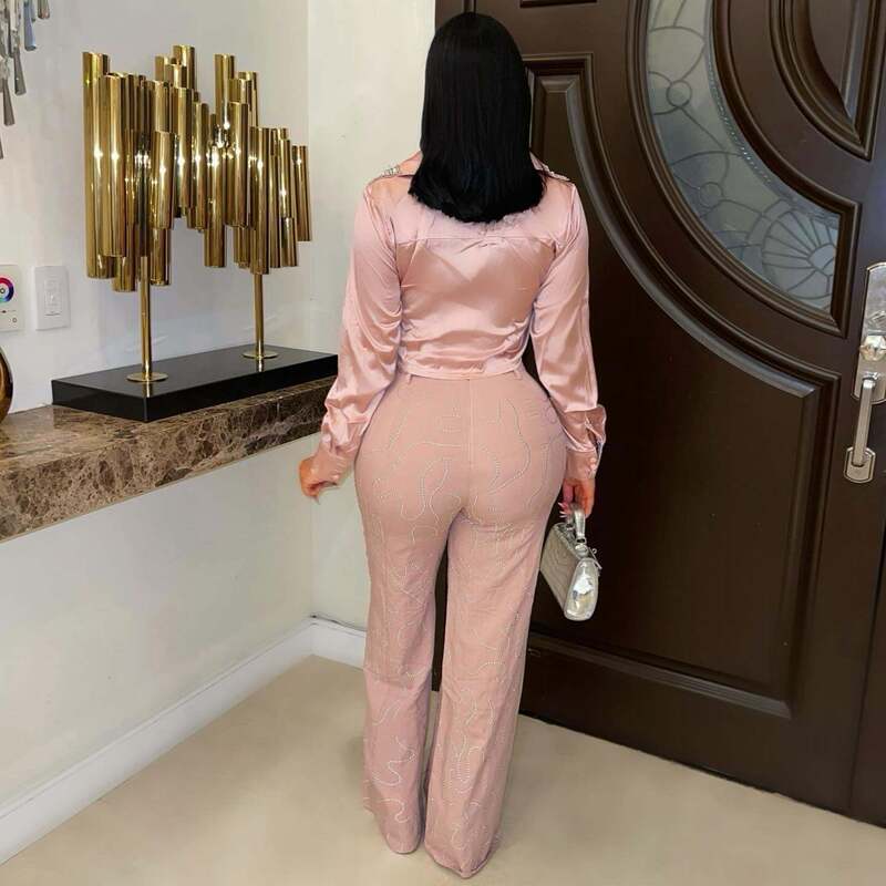 DM2533欧美跨境新款女装缎面绑带长袖衬衣修身弹力烫钻长裤两件套|undefined