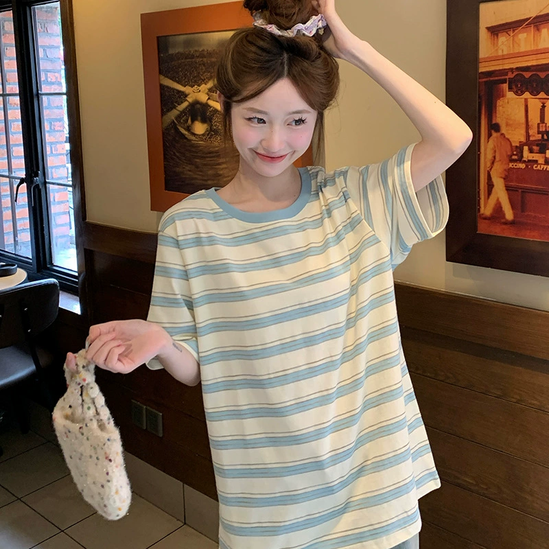 Настоящая футболка с короткими рукавами для женщин, лето 2025, новый модный ретро-полосатый свободный топ средней длины с круглым вырезом, женская одежда в корейском стиле