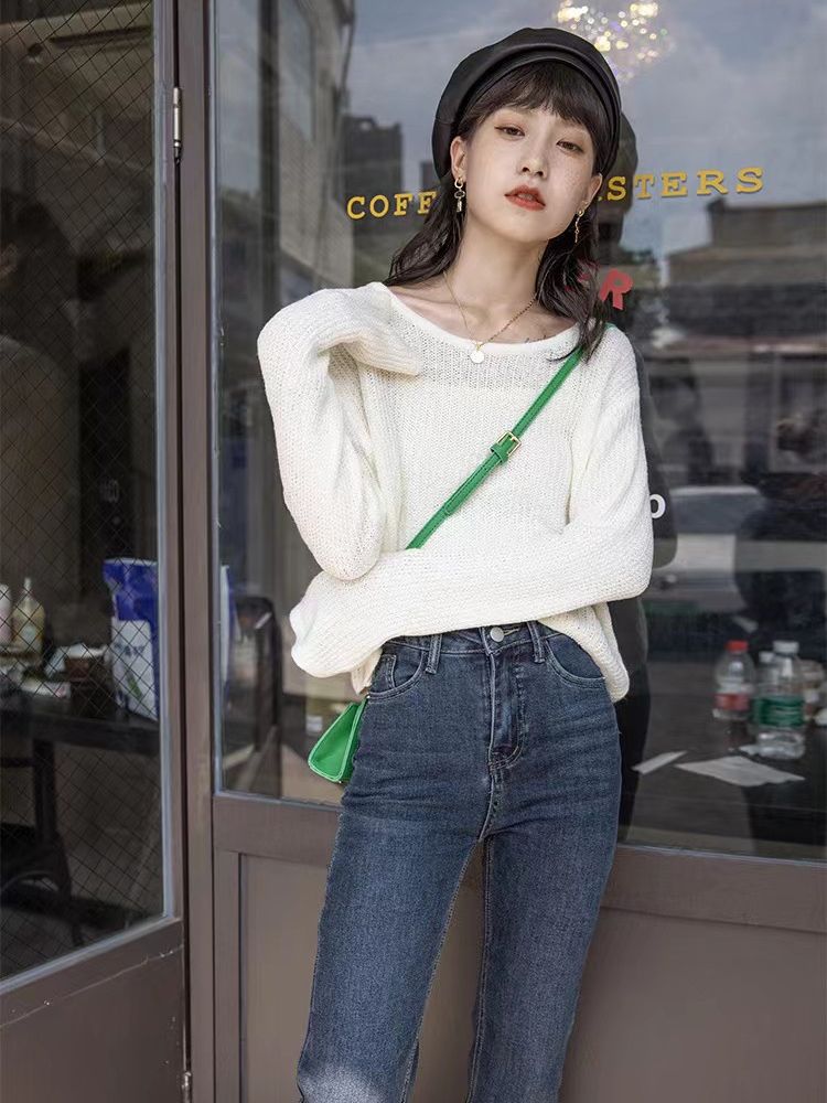 Clavícula corta camiseta de punto para mujeres 2025 primavera nuevo hueco vento perezoso blusa de color sólido camiseta de manga larga suelta image 8