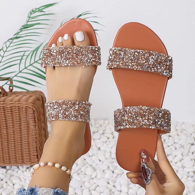 Temu Взрывной ремень с плоским дном блестки с круглой головкой, дамы, сандалии, летняя повседневная пляжная рыбья рот, плоская женская обувь