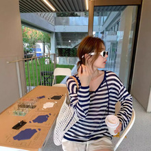 LICKYSENIOR 周末的小松弛 条纹帽衫女长袖防晒休闲简约设计上衣