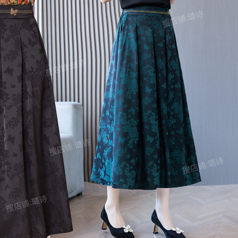 Xiangyunsha シルクジャカードミドル丈スカート、高級ドレープスカート、マザーズウェア、ハイウエスト刺繍プリーツスカート|undefined