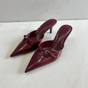 2025 New Style Fashionable All-match Stylish Buckle-up Patent Leather Cat Heel Muller Shoes Simple Thin Heel Pointed Half Slippers for Women