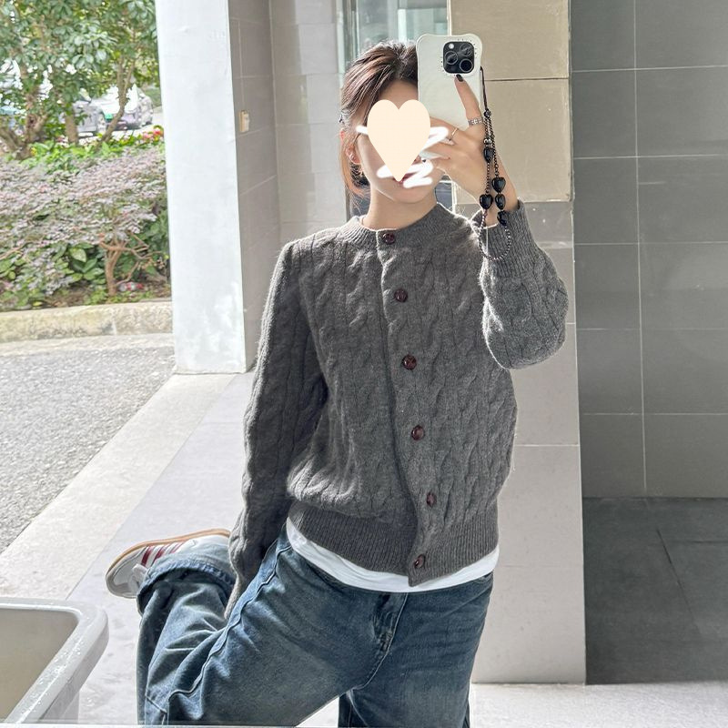 灰色麻花毛衣外套女秋冬季2025新款慵懒风高级感加厚针织开衫上衣