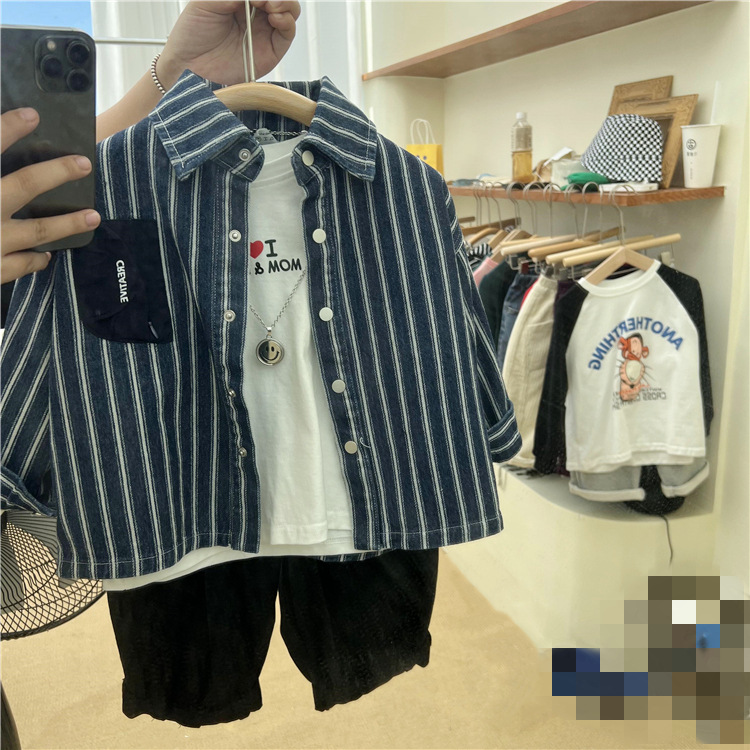 23 Îmbrăcăminte coreeană pentru copii, produs nou de toamnă, cămașă pentru băieți și fete, cu dungi verticale, rever, casual, din denim gros, exterior_voghion.com