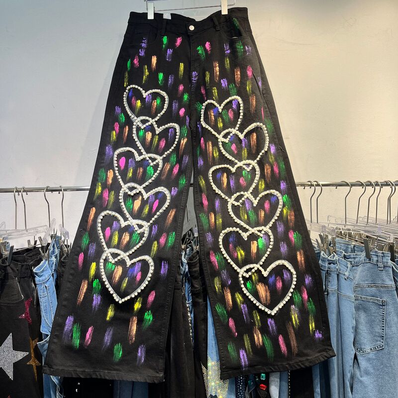 European and American Designers 2025 Spring and Summer New Beaded Love Graffiti Hand-painted Straight Jeans Women