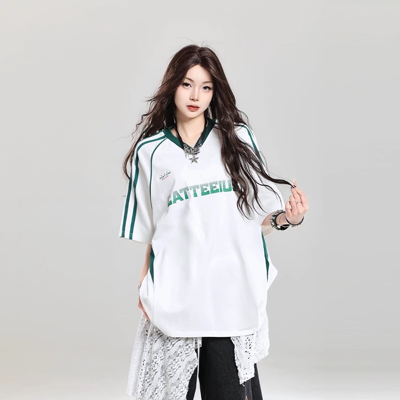 Jersey-Style Letter Short-Sleeve T-Shirt, Summer American Retro Sports Casual Loose Design Niche Half-Sleeve Top