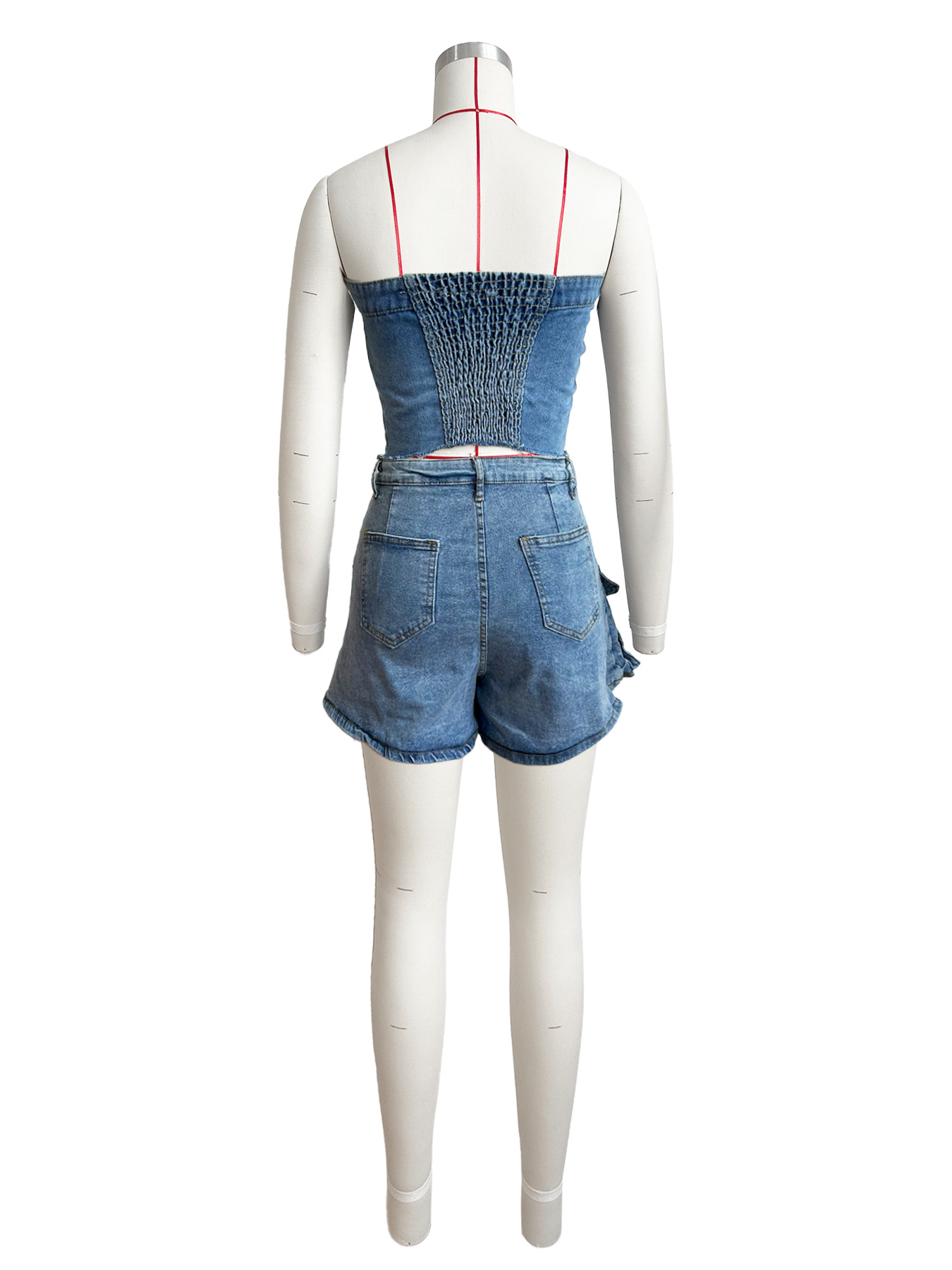 Women Wear Chest Wrapped Cargo Shorts Denim Set