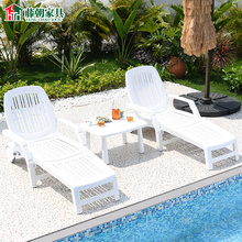 藤朝户外折叠沙滩躺椅带轮室外三亚露天休闲游泳池塑料躺床休