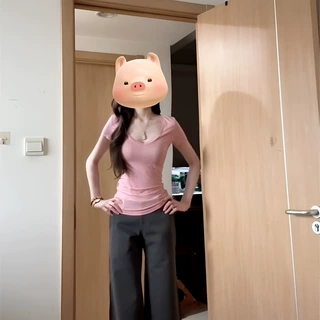 2025新款辣妹v领正肩短袖粉色t恤女夏季韩系穿搭修身显瘦收腰上衣