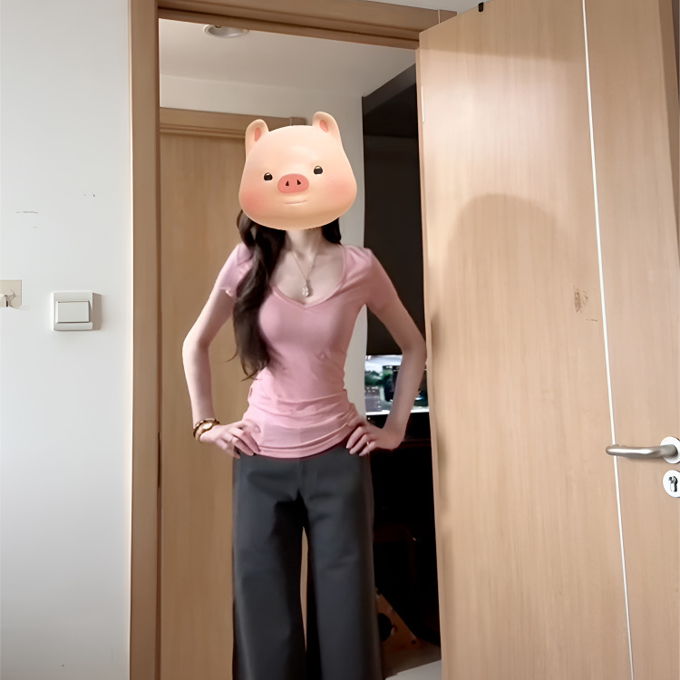 2025 New Spice Girls V-neck Shoulder Short-sleeved Pink T-shirt Women's Summer Korean Wear Slim-fit Slim-fit Tight Waist Top