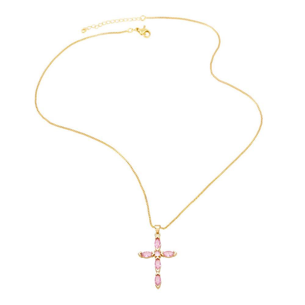 fashion cross copper gold-plated inlaid color zircon necklace