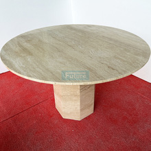 侘寂风木纹洞石茶几天然石板材田园风圆形设计师法式洞石圆咖啡桌