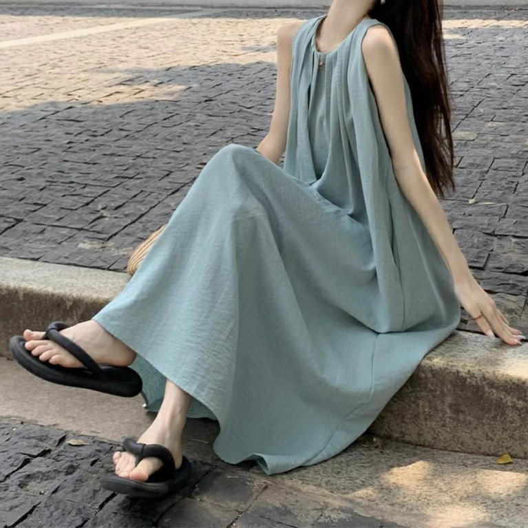 해변 휴가 백리스 스트레이트 드레스 여성 여름 운남 여행 착용 느슨한 서스펜더 비치 롱 스커트