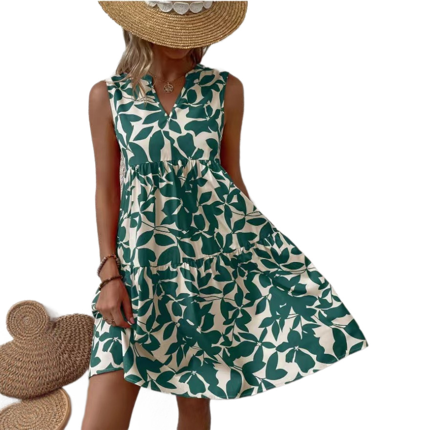 Women's Clothing Women's V Neck Sleeveless Dress Summer Fashion Printed Dress For Formal & Casual For Women_ecoleips.com