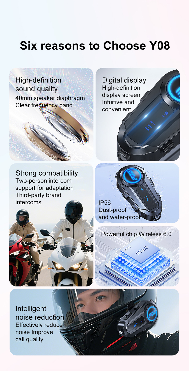 Y08 Helmet Bluetooth Headset FM Radio EQ Sound Effects LCD Screen Battery Volume Temperature Display Helmet Headphone
