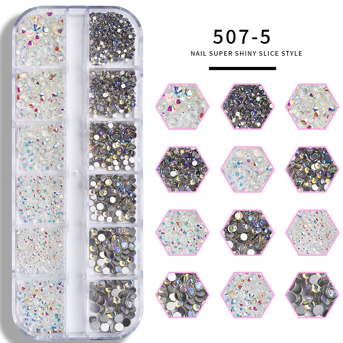 Set de joyas de uñas 12 barras de joyas taladro de uñas largo taladro de fondo plano mezclado taladro de forma especial superbrillante accesorios de uñas