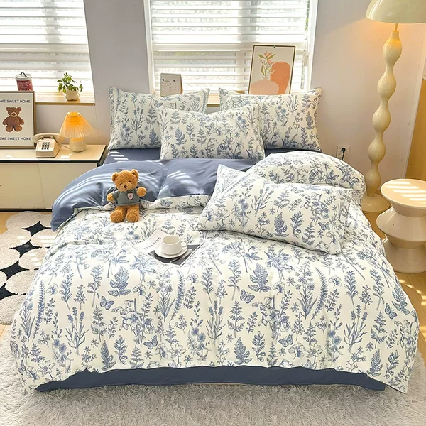 Washed Cotton Super Soft Four-Piece Quilt Cover Bedding Set Dormitory Printed Single Three-Piece Set