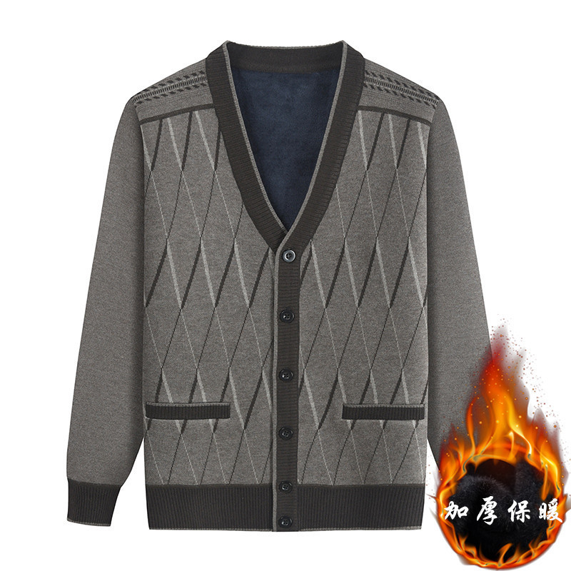 中老年男装爷爷冬季加绒保暖针织衫外套秋冬爸爸V领老年开衫毛衣