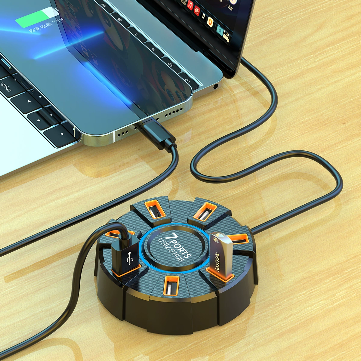 Цветной окружающий свет, высокоскоростной семипортовый концентратор 2.0, док-станция «один к семи» с внешним источником питания