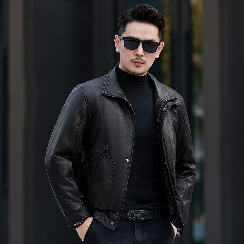 Men's High-End Genuine Leather Cowhide Goose down Liner Detachable Leather Jacket Youth Fashion Trend Motorcycle Leather Jacket Men's Clothing