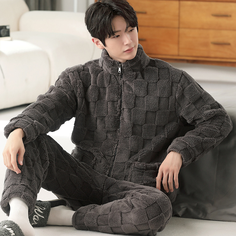 Flannel Pajamas Men's Autumn and Winter Thickeneded Warm Stand-Up Collar Zipper Thickeneded Long-Sleeved Coral Velvet Home Wear Cardigan