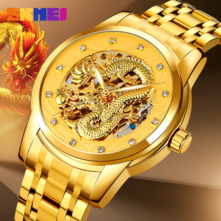 Time beauty 9310 fashion through the bottom hollow mechanical watch relief Jinlong men's steel band business watch generation hair
