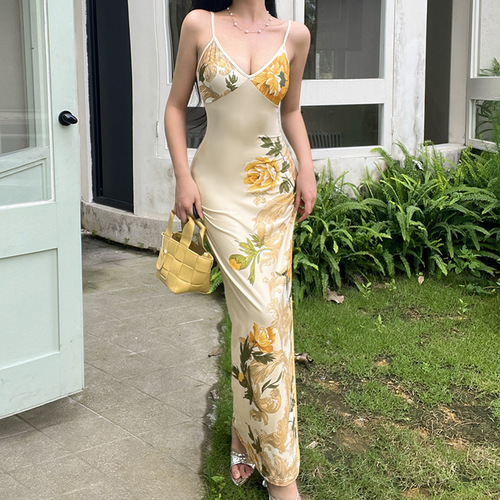 Eliya Summer Women's Dress Long Skirt Vacation Style Elegant Slim Fit Print Design Shoulder Strap Dress JY23159
