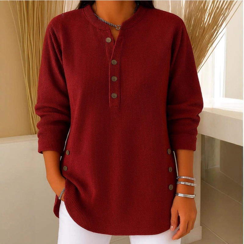 2025 Cross-Border European and American Autumn and Winter New Corduroy Solid Color Loose Casual V-Neck Button Long-Sleeved Women's Top T-Shirt 2025 Cross-Border European and American Autumn and Winter New Corduroy Solid Color Loose Casual V-Neck Button Long-Sleeved Women's Top T-Shirt