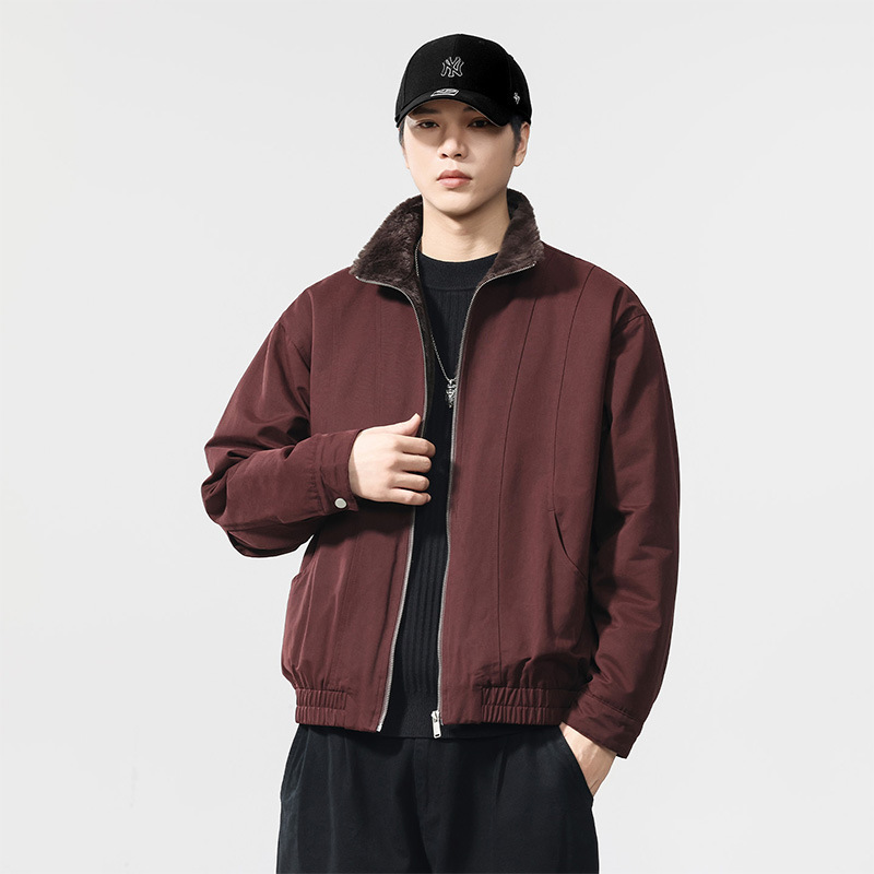 High-end barn-style burgundy faux rabbit fur integrated thickened cotton jacket for men, new winter warm jacket for men High-end barn-style burgundy faux rabbit fur integrated thickened cotton jacket for men, new winter warm jacket for men