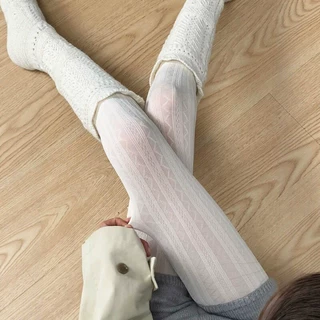 秋冬镂空羊毛奶白连裤袜女保暖针织叠穿甜美百搭打底裤日系麻花纹