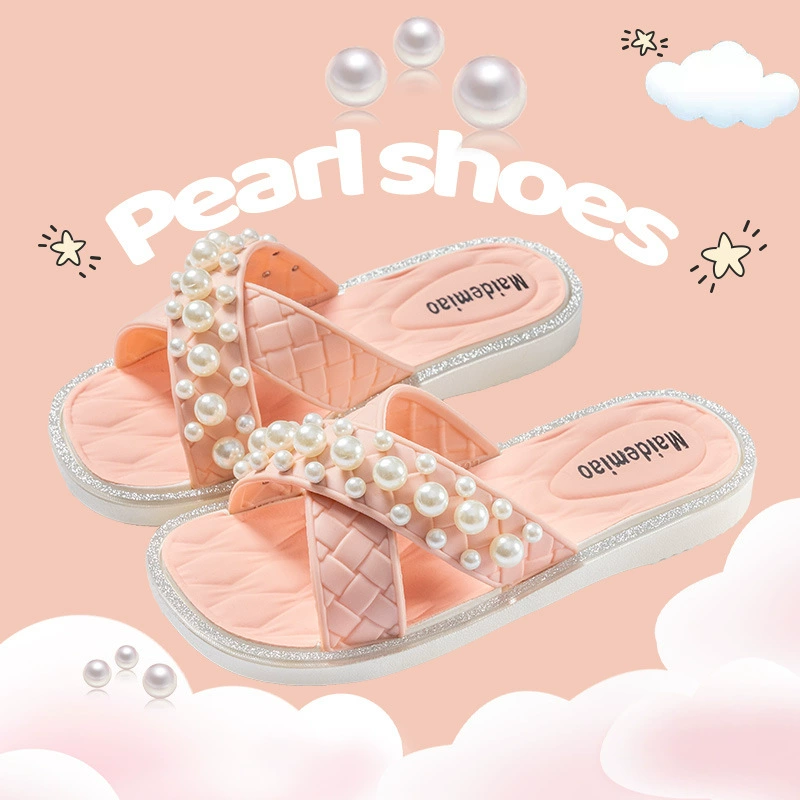 Fashionable children's summer non-slip slippers from pearl, slide indoor for princess, city style, wholesale, soft sole