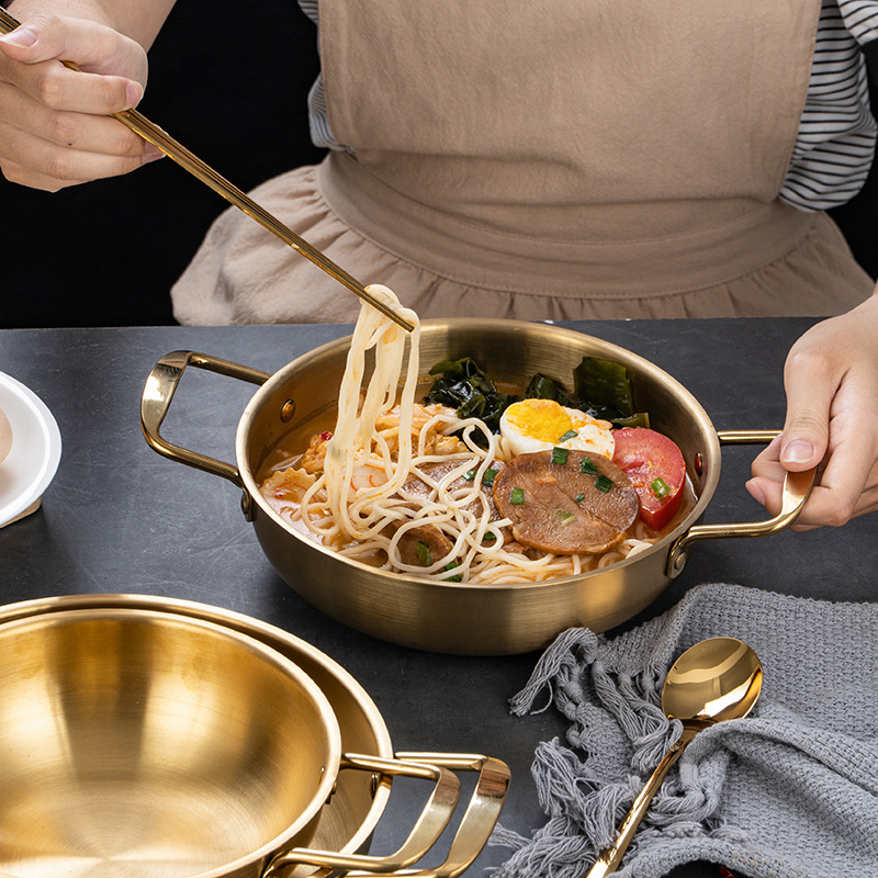 Korean Style Stainless Steel Instant Noodle Pot Single Small Hot Pot Golden Binaural Dry Pot Household Gas Soup Pot Seafood Pot