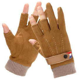 骑行手套男女漏三指加绒加厚骑手保暖开车送外送快递半截三指防寒