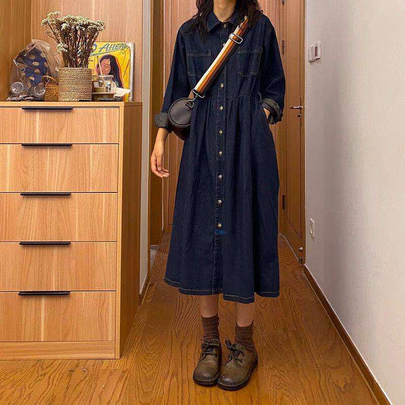 Đầm denim dài tay nữ phong cách thanh lịch, chiết eo tôn dáng, dáng chữ A lửng — Màu xanh dương chi tiết 4