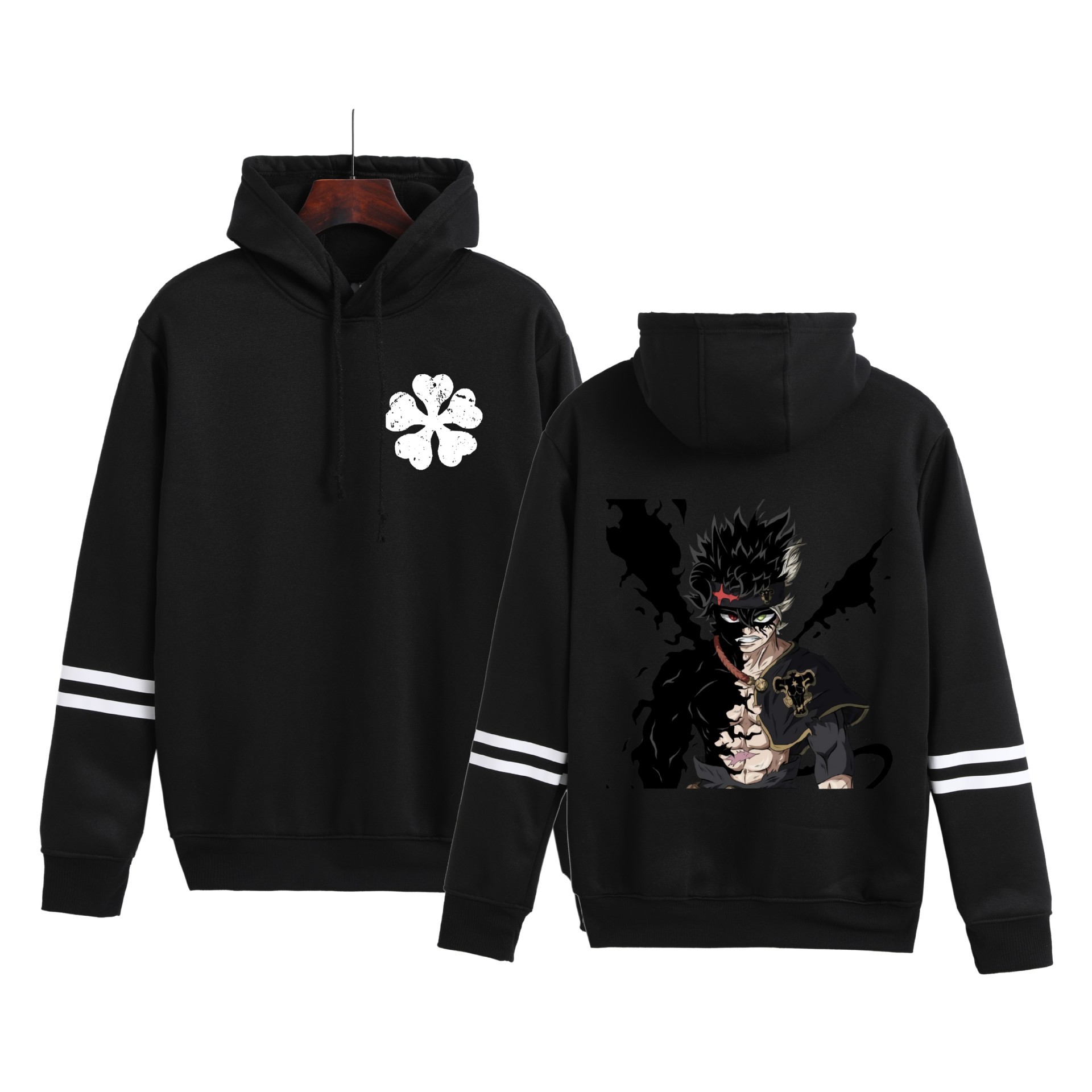 Trébol de cuatro hojas negro transfronterizo Black Clover hombres y mujeres pareja en contraste suéter con capucha de moda