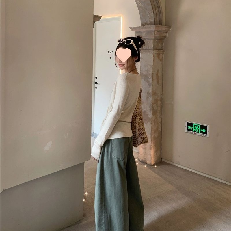 韩系设计感荡领腰带针织衫女早秋新款收腰褶皱内搭长袖绑带上衣潮|undefined