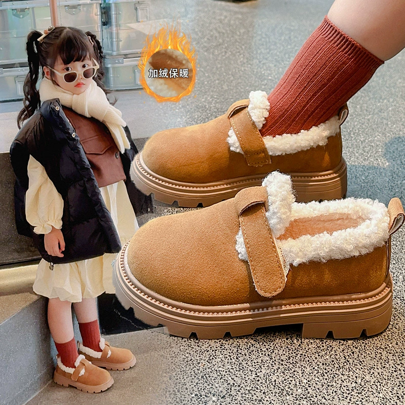 Для девочек мода в британском стиле хлопчатобумажные туфли 2024 зима новая девушка плюс бархат теплая кожаная обувь детка плюс бархат снежный хлопок