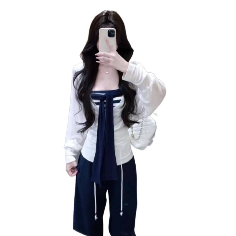 三件套女2025早秋辣妹v领薄款长袖罩衫条纹抹胸高腰显瘦休闲裤潮|undefined