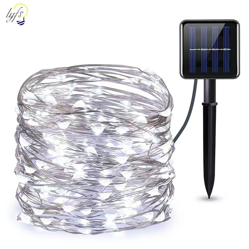Fábrica en stock LED solar cobre alambre luz cadena led100 luz 8 función interior y al aire libre impermeable jardín Luz